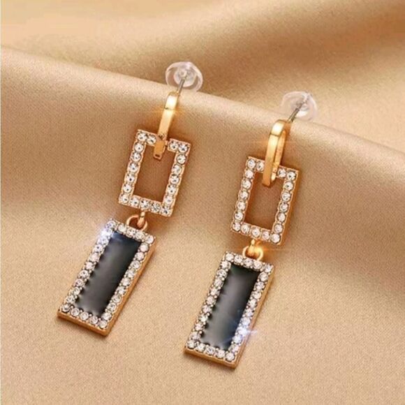 Geometric Rectangle Gold Black Earrings - Picture 1 of 4